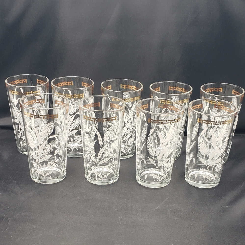 Vintage MCM Hazel Atlas 9 Gold with White wheat Tumblers